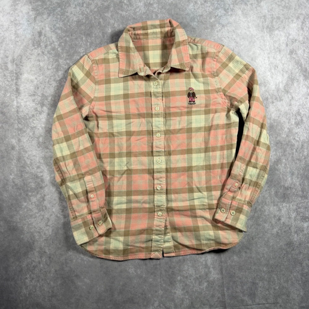 Teenie Weenie Pink Brown Plaid Button Down Shirt Embroidered Bear Flannel S Y2K